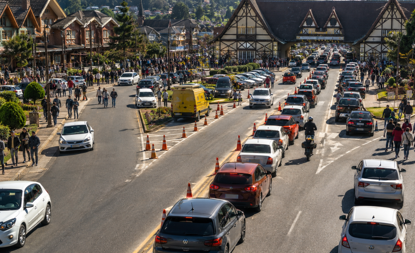 Avenida central da Vila Capivari em Campos do Jordão com trânsito intenso de carros e turistas na calçada durante a alta temporada de inverno