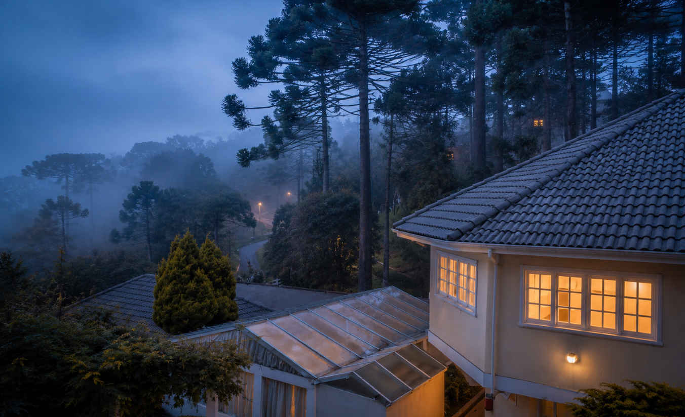 Chalé aconchegante na Serra da Mantiqueira com janela iluminada ao anoitecer e neblina densa entre as araucárias no inverno