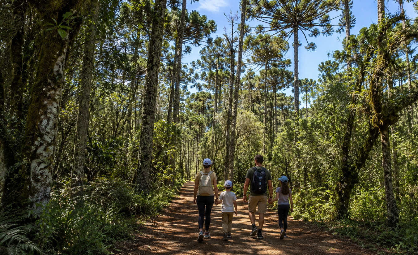 Família caminhando por trilha sombreada entre araucárias e mata nativa no Parque Estadual de Campos do Jordão com névoa ao fundo
