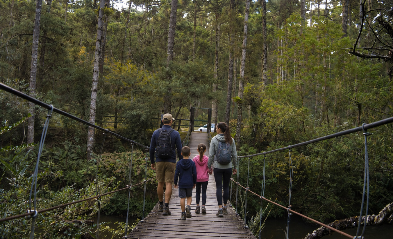 Família em trilha no Horto Florestal de Campos do Jordão ao amanhecer com névoa entre as araucárias e luz dourada filtrando pela mata