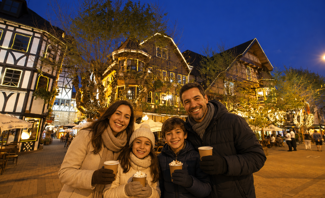 Família reunida no calçadão iluminado da Vila Capivari à noite com casacos de frio, chocolate quente nas mãos e sorrindo para a câmera