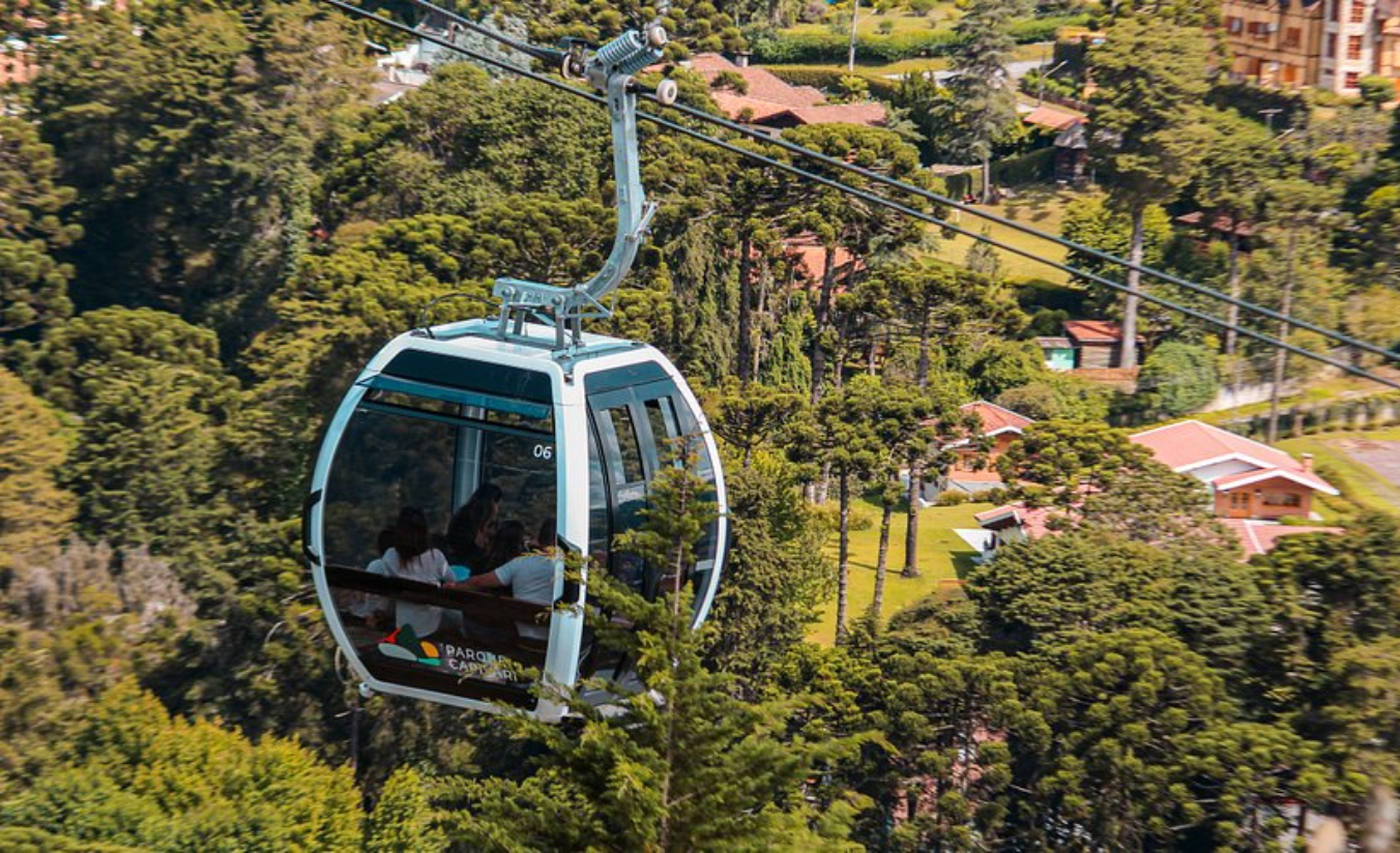 Vista aérea da Vila Capivari em Campos do Jordão com Parque Capivari ao centro, teleférico e montanhas ao fundo