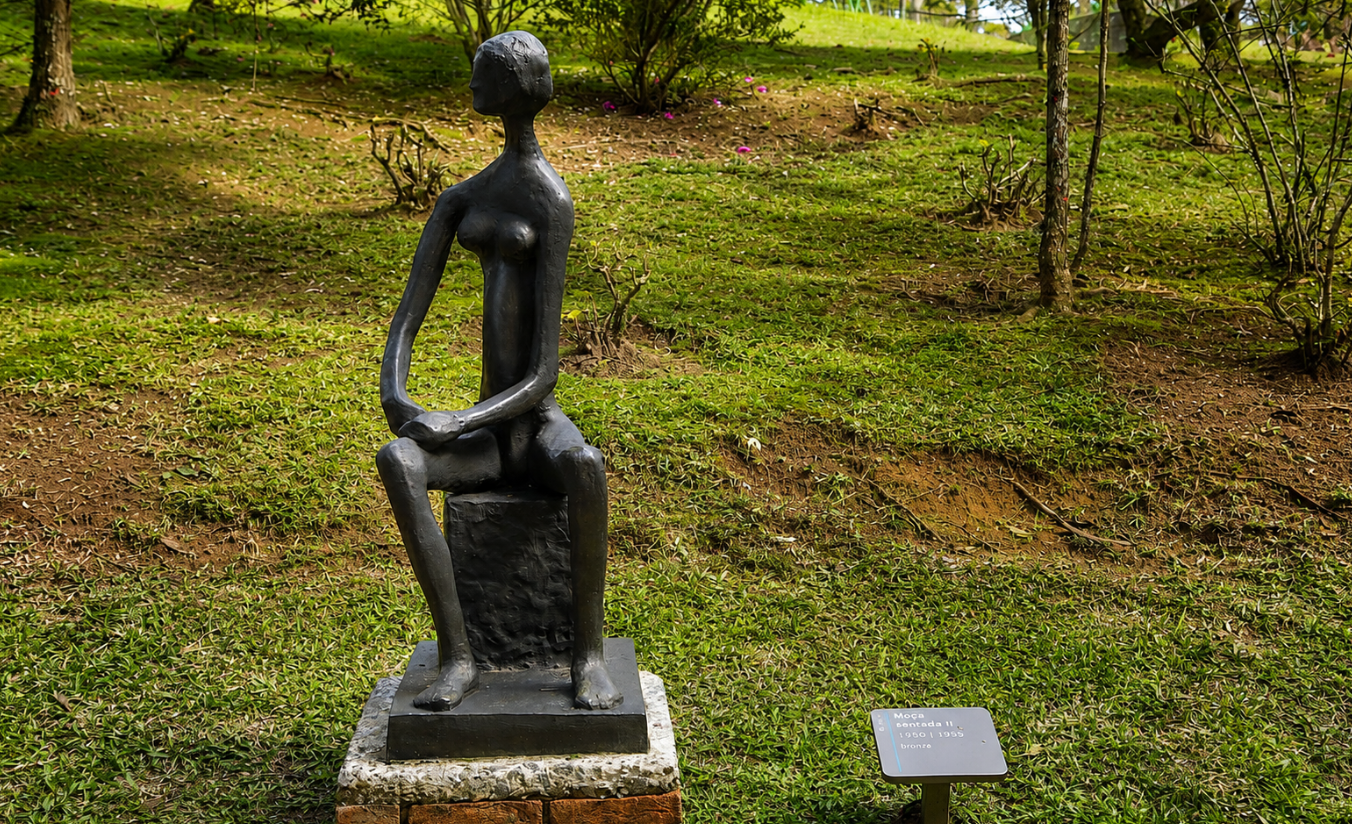 Escultura de bronze no jardim aberto do Museu Felícia Leirner em Campos do Jordão com floresta da Serra da Mantiqueira ao fundo
