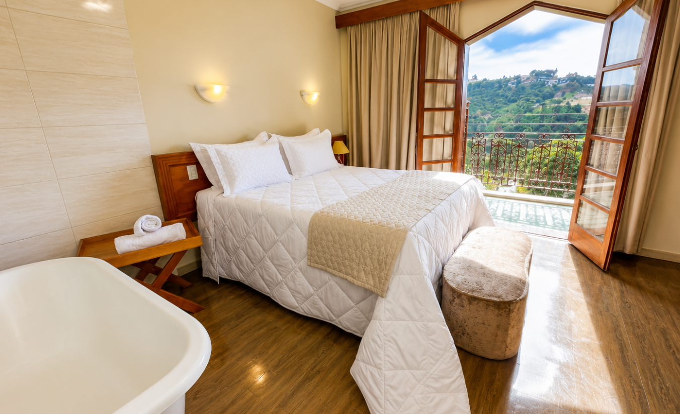 Quarto confortável do Hotel Nacional Inn Campos do Jordão com cama de casal e decoração aconchegante