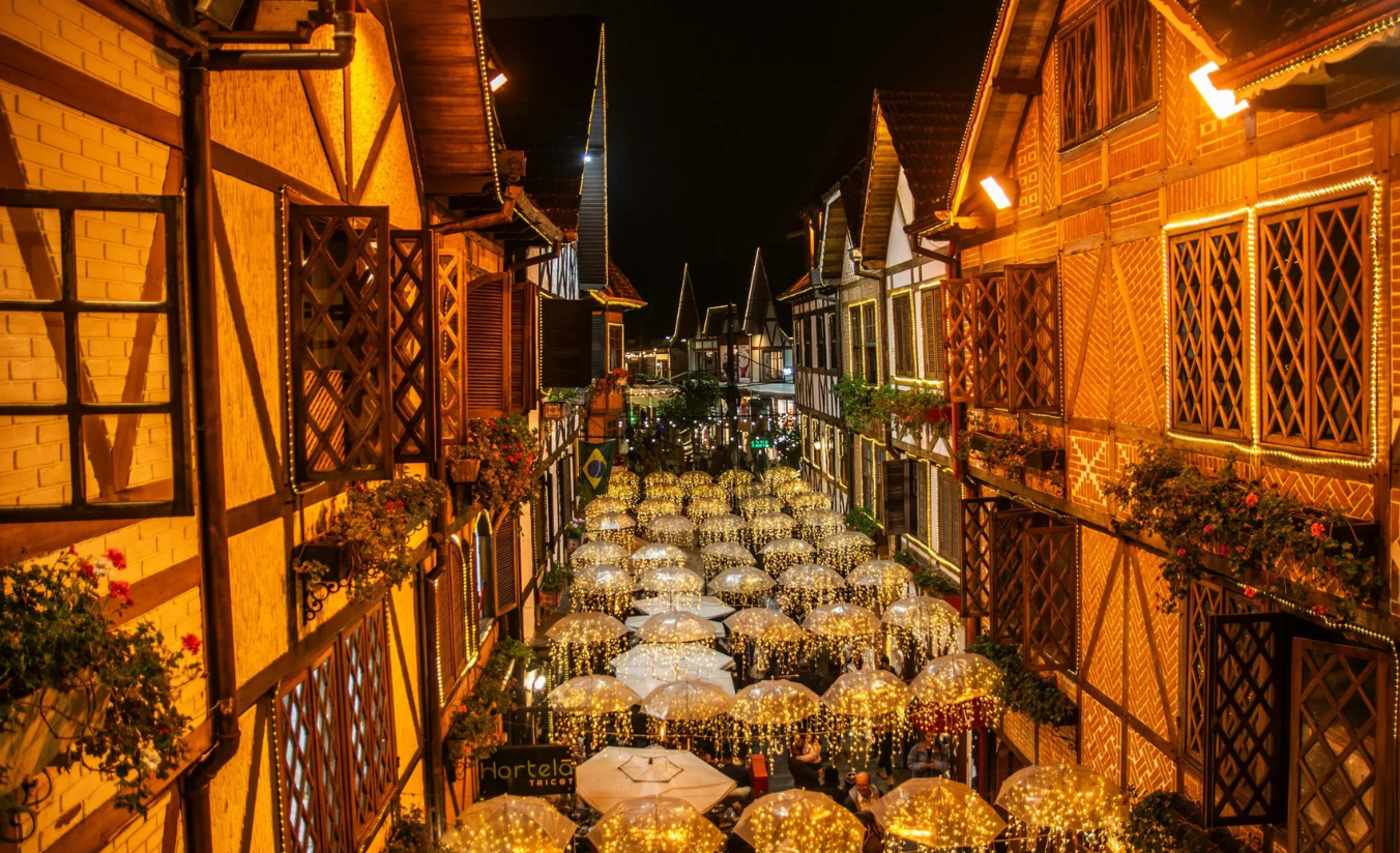 Vista noturna da Vila Capivari em Campos do Jordão com iluminação charmosa, lojas, restaurantes e movimento de turistas