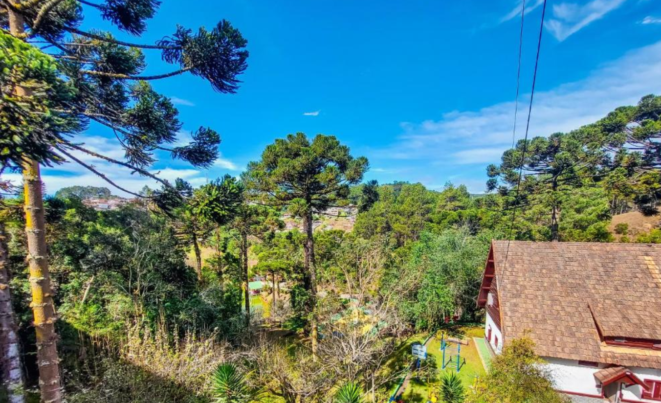 Área verde extensa com pinheiros e clima de montanha ao redor de um hotel na Serra da Mantiqueira