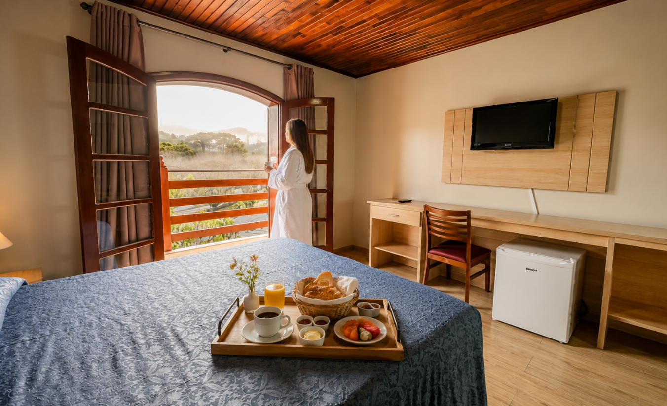 Café da manhã com pães e frutas em hotel na serra, com neblina visível na janela