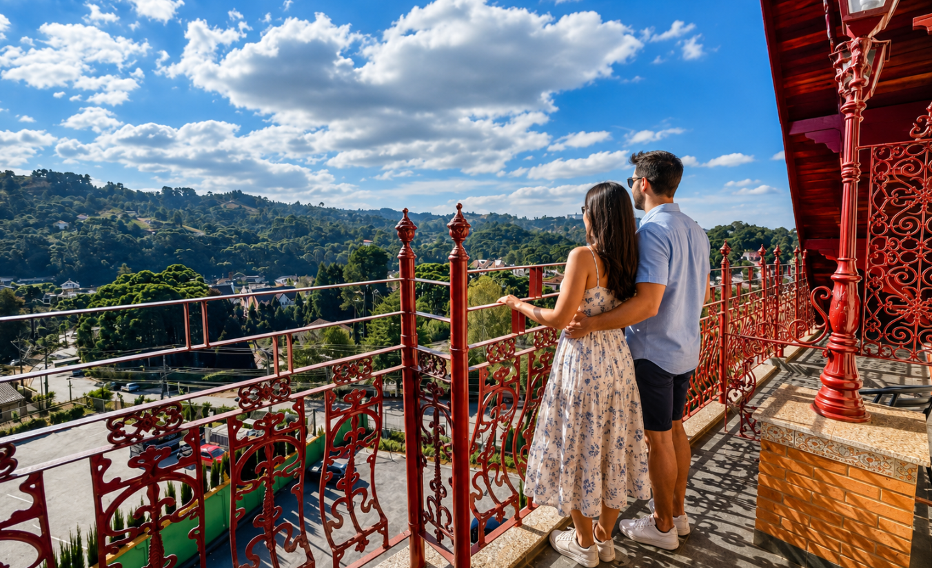 Casal aproveitando o clima de montanha em um hotel da Rede Nacional Inn em Campos do Jordão