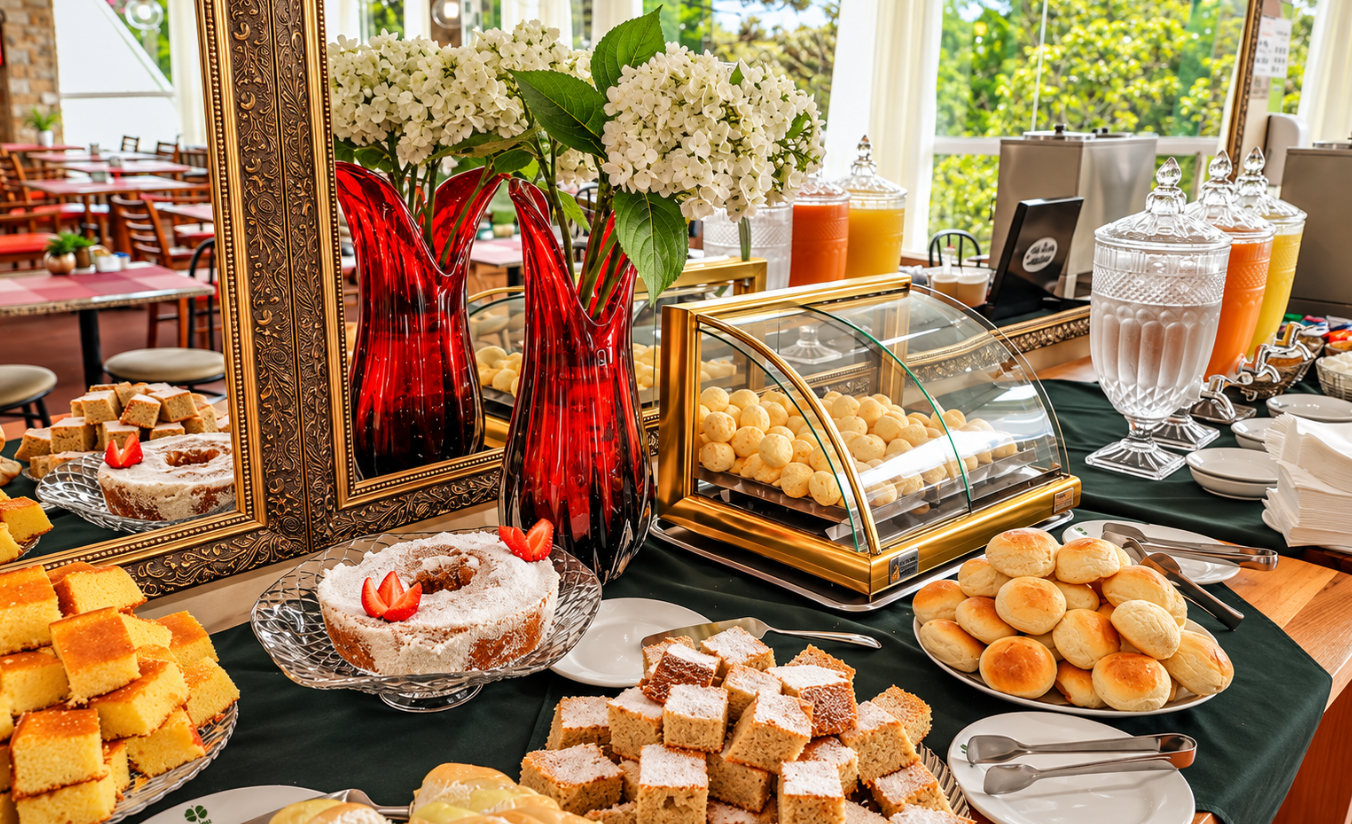 Café da manhã colonial servido no Hotel Golden Park Campos do Jordão